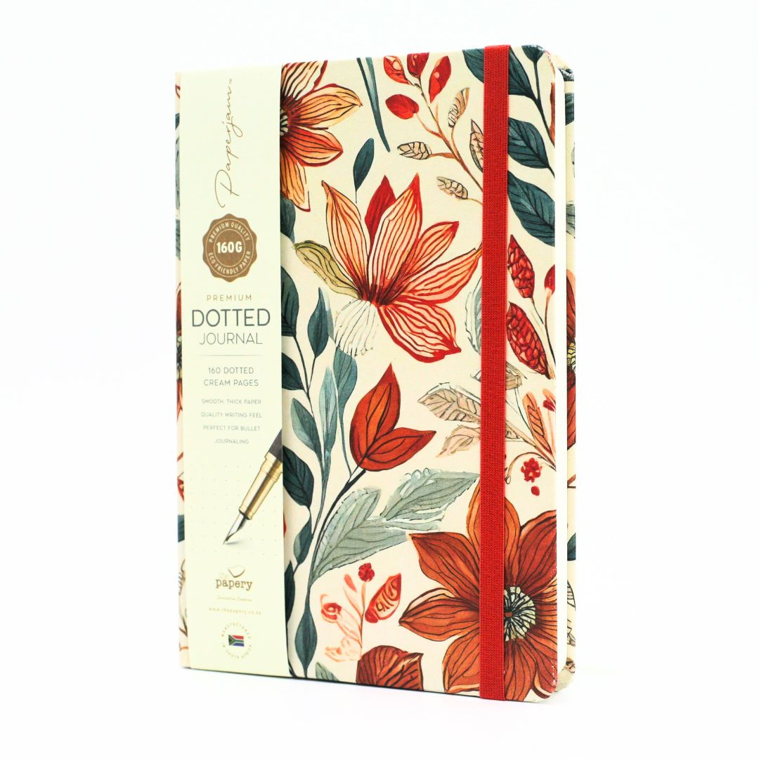 Premium Dotted Designer Journal A5 with an autumn garden red binding design on a white background