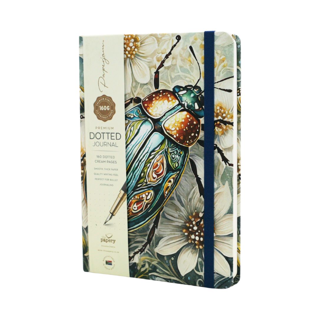 Premium Dotted Designer Journal A5 with iridescent scarab beetle and floral design on a white background