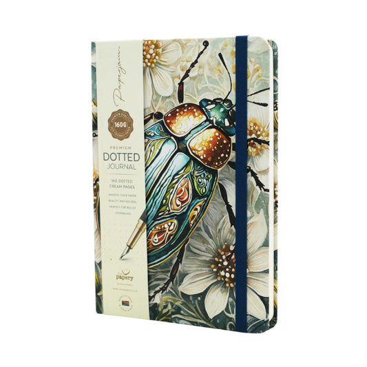 Premium Dotted Designer Journal A5 with iridescent scarab beetle and floral design on a white background