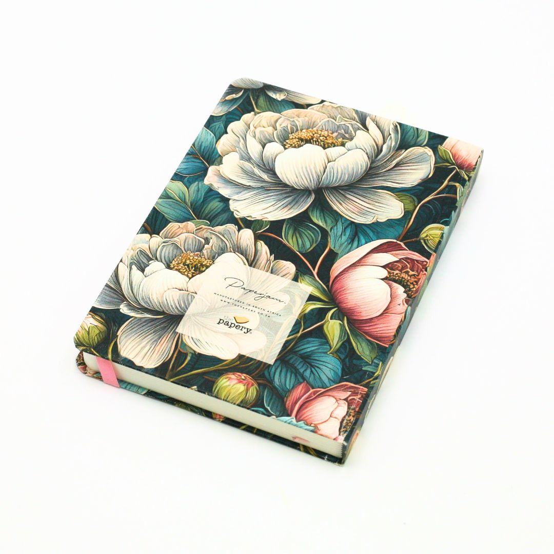 Back cover of premium hardcover dotted journal with vintage peonies design on a white background