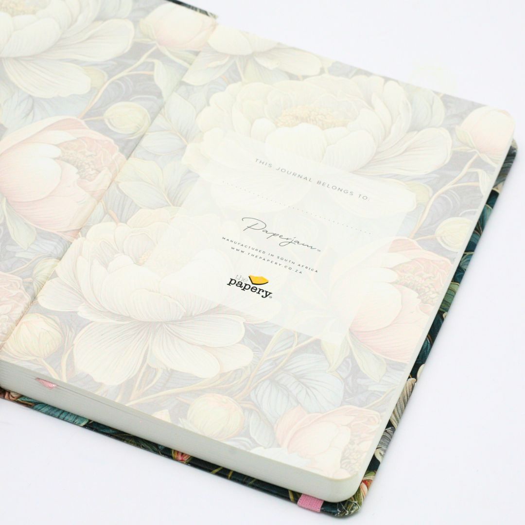 Personalization features of premium hardcover dotted journal with vintage peonies design on a white background