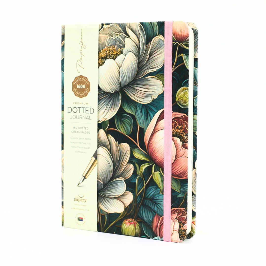Premium Dotted Designer Journal A5 with a vintage peonies design and matching ribbon on a white background