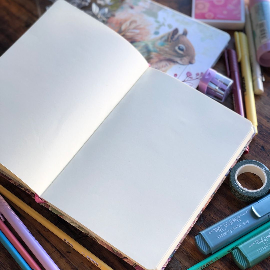 Open notebook with stationery items on a wooden surface