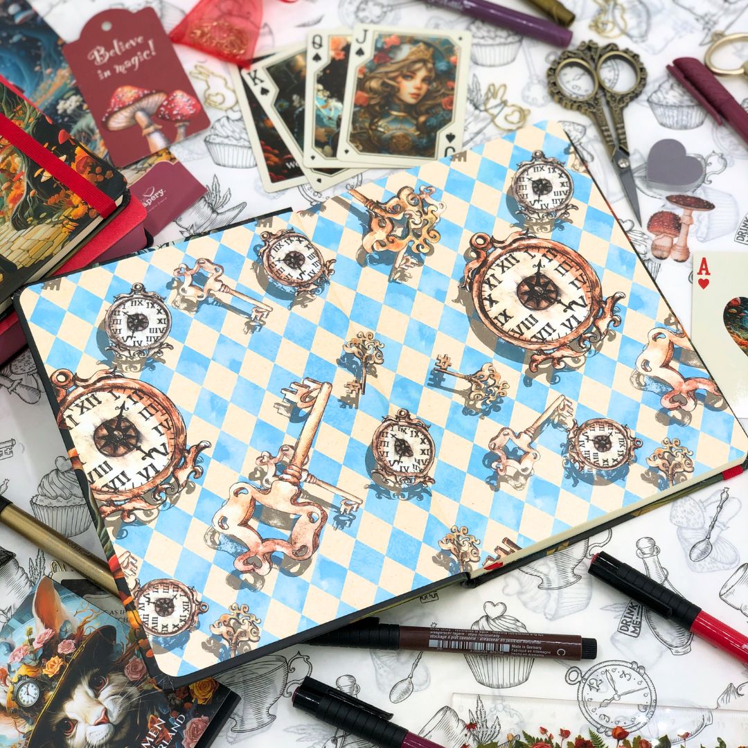 Decorative Retro Women in Wonderland Journal with clock design on a surface with tarot cards and pens.
