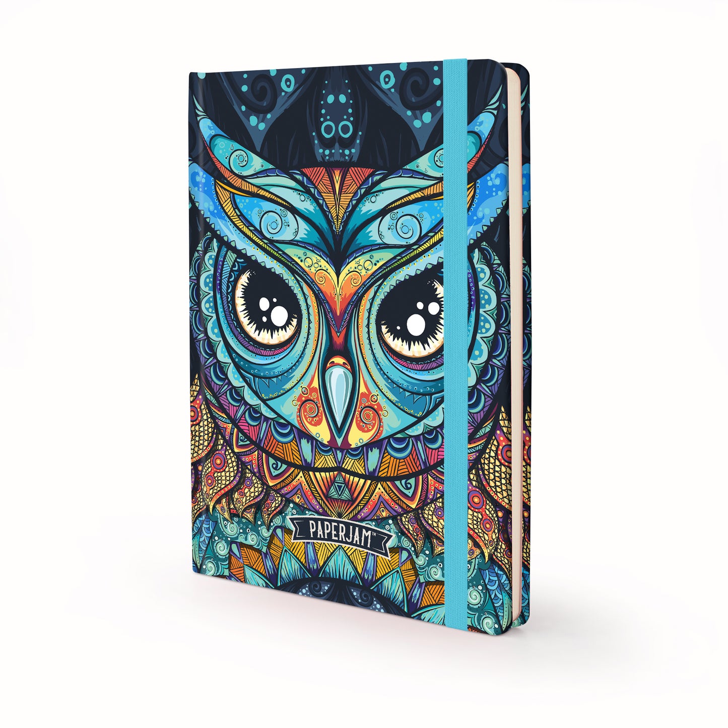 A hardcover notebook featuring a vibrant, colorful mandala-style owl illustration on the cover, with a turquoise elastic closure band and a small 'PAPERJAM' logo tab at the bottom.