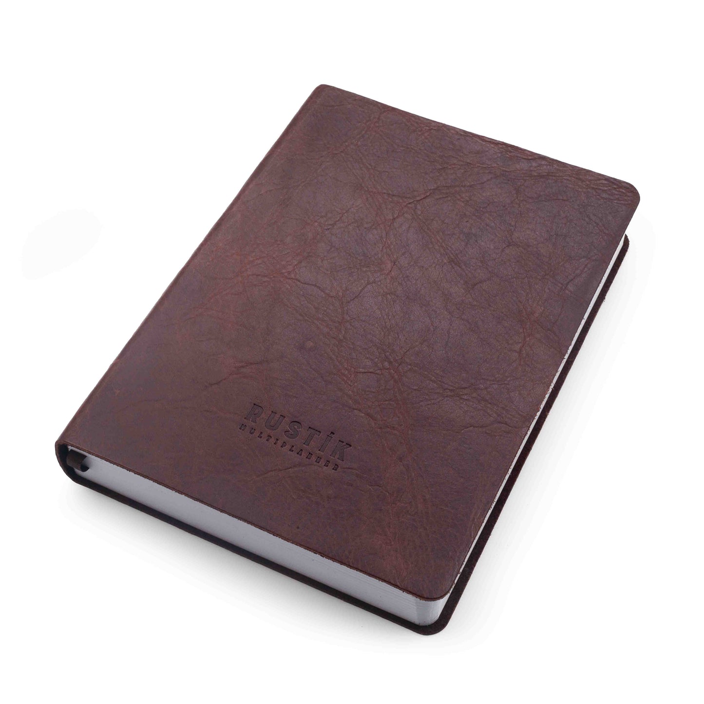 Front cover of the premium Rustik Flexi MultiPlanner in genuine leather with debossed logo in brown on a white background