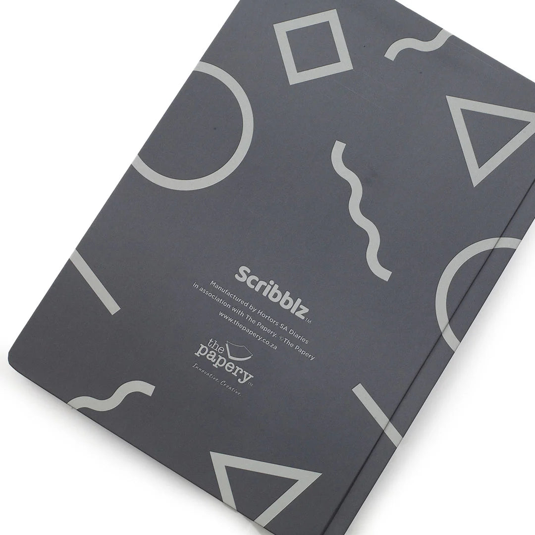 Back of Scribblz A5 hardcover Journal with black design and with motivational quote on a white background