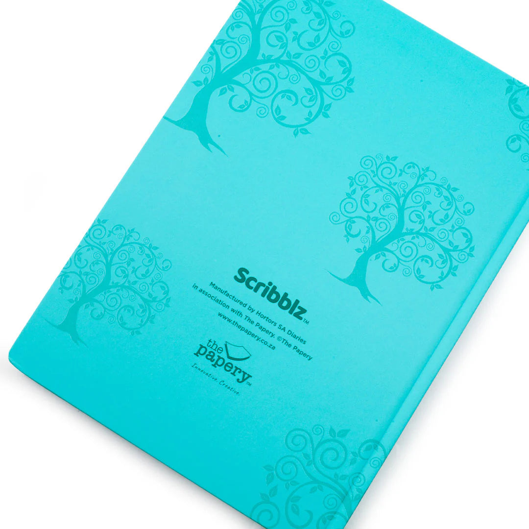 Back of Scribblz A5 hardcover Journal with turquoise design and with motivational quote on a white background