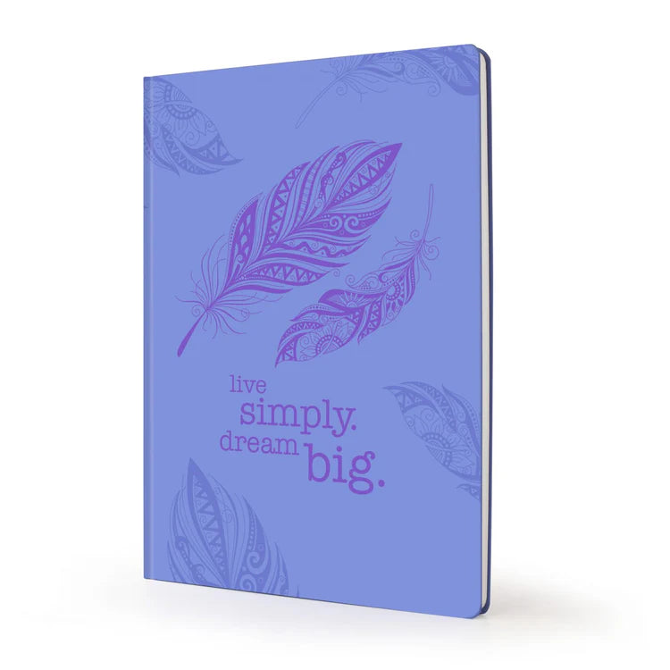 Scribblz A4 Journal with lilac feather designs and text 'Live simply dream big' on a white background