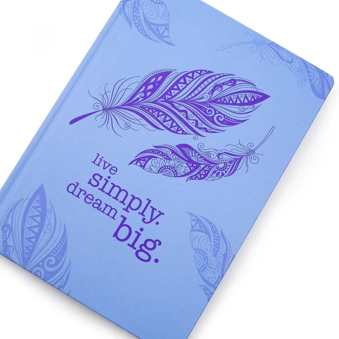 Back of Scribblz A5 hardcover Journal with lilac dream design and with motivational quote on a white background