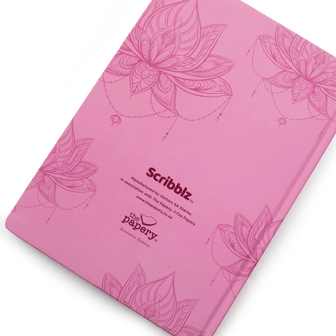 Back of Scribblz A5 hardcover Journal with pink design and with motivational quote on a white background