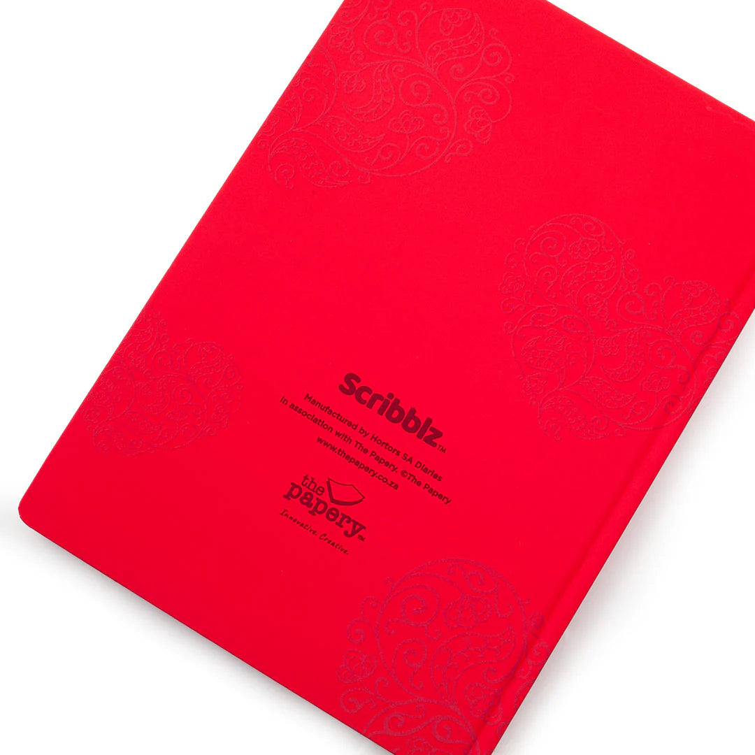 Back of Scribblz A5 hardcover Journal with floral red heart design and with motivational quote on a white background