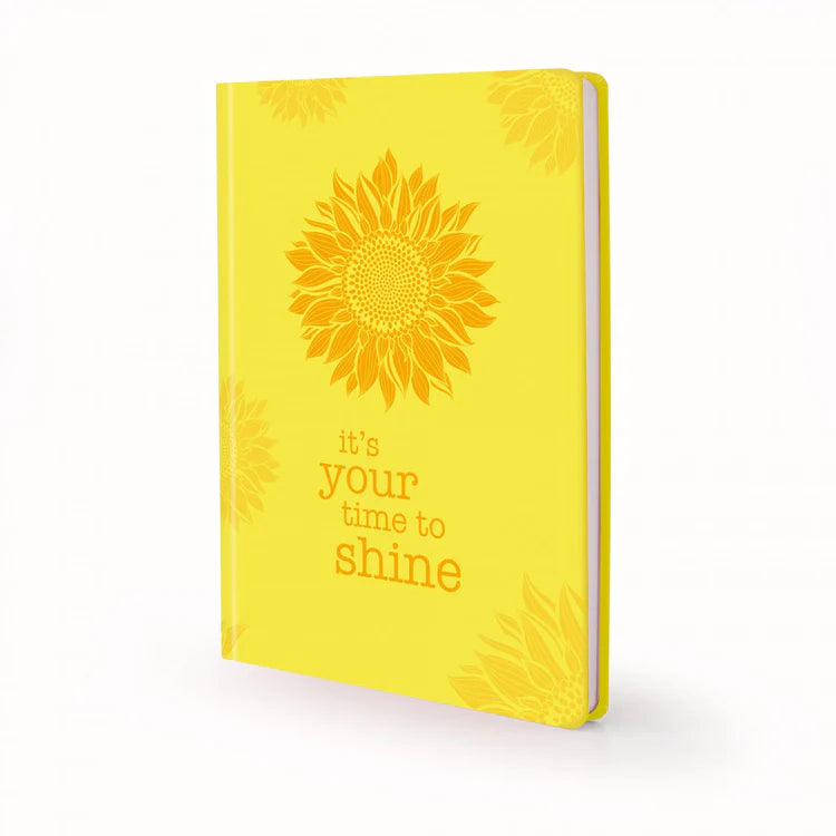 Scribblz A4 Journal with yellow sunflower design and 'it's your time to shine' text on a white background