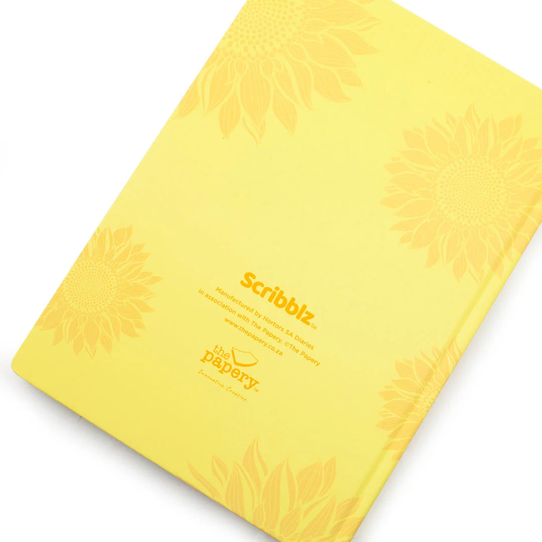 Back of Scribblz A5 hardcover Journal with sunshine yellow  design and with motivational quote on a white background
