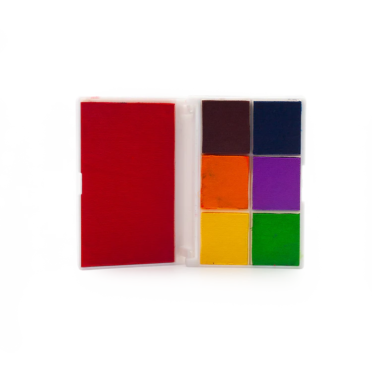Multi Color high quality ink pad with red, brown, orange, purple, yellow, blue and green individual pads of ink on a white background