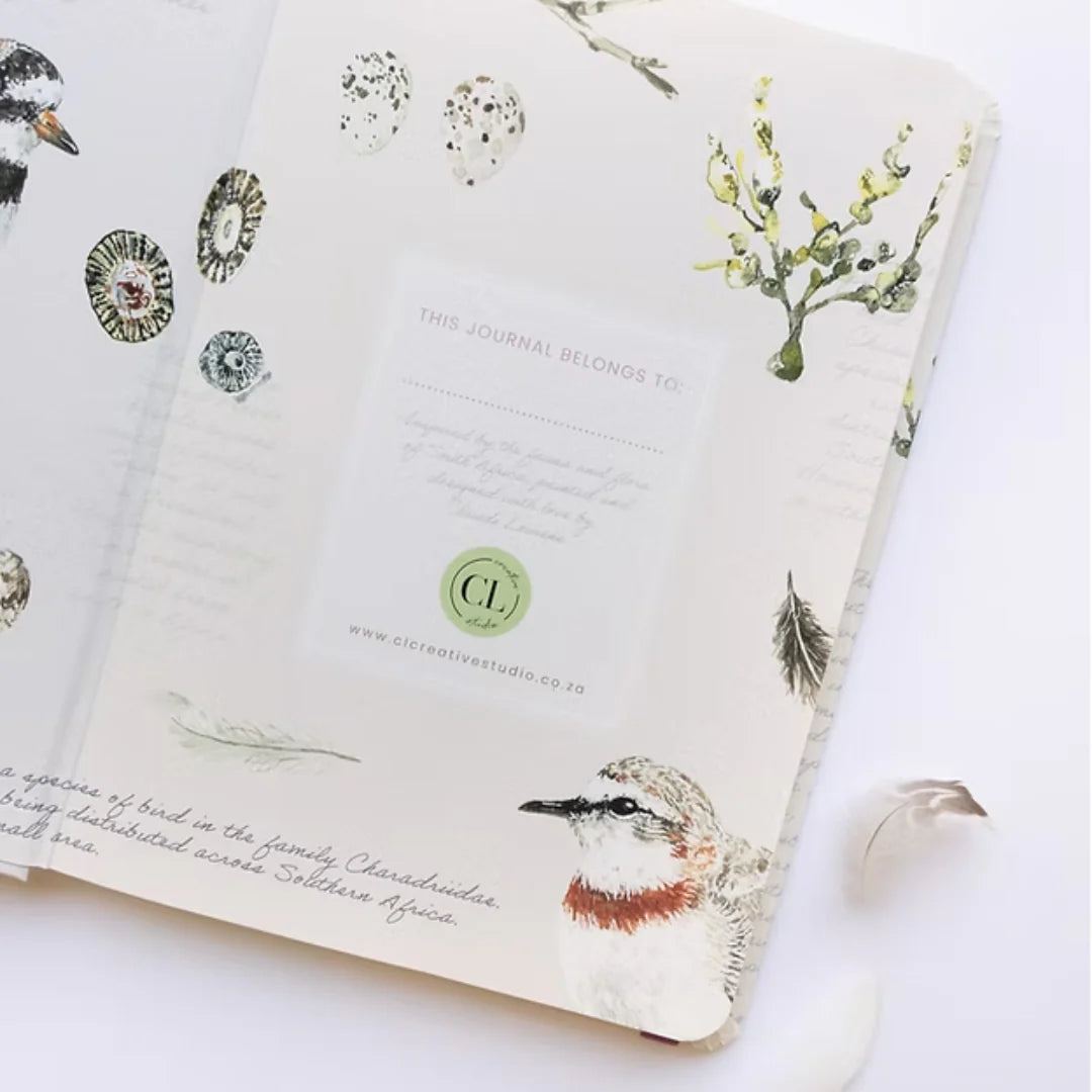 African Bird Journal with Shoreline Plover design showing personalization page on a white surface