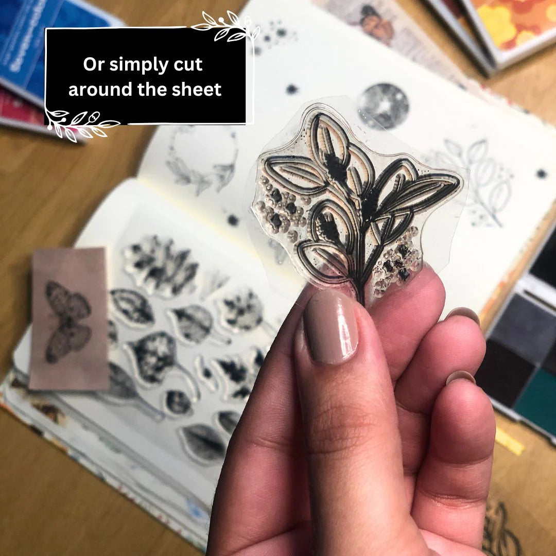 Step to use ink pad by simply cutting around the sheet of  a silicone stamp with a background of more stamps and crafting materials.