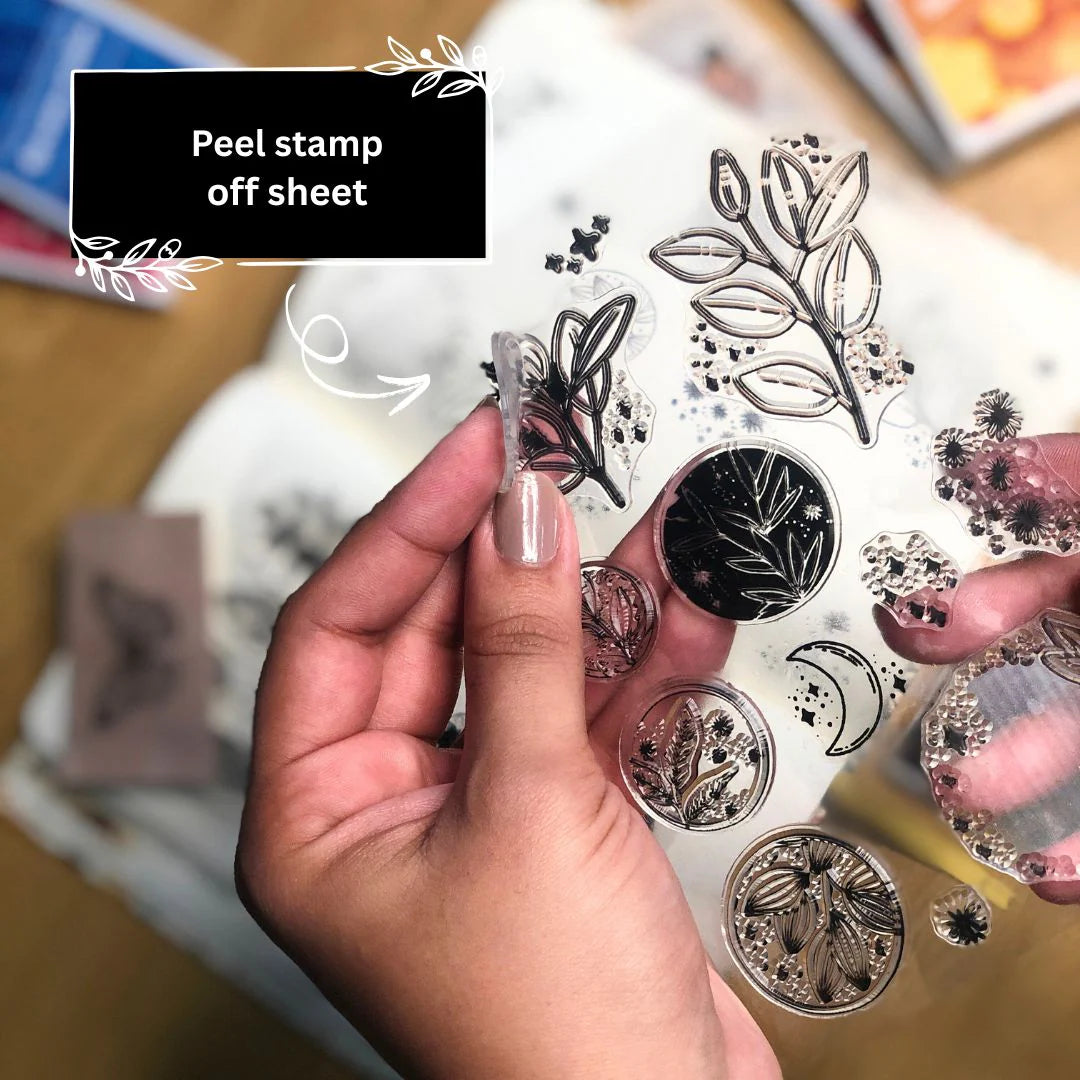 Steps to use ink pads by holding a clear silicone stamp with floral designs and peel of sheet on a white background