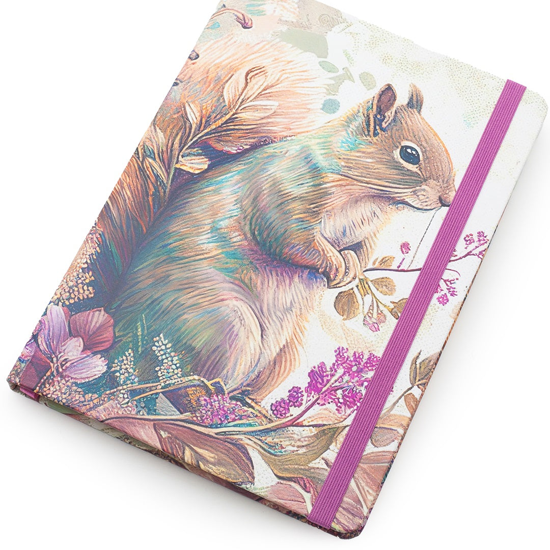 A hardcover notebook featuring a detailed illustration of a squirrel on the cover, decorated with a purple elastic closure band, set against a plain white background.