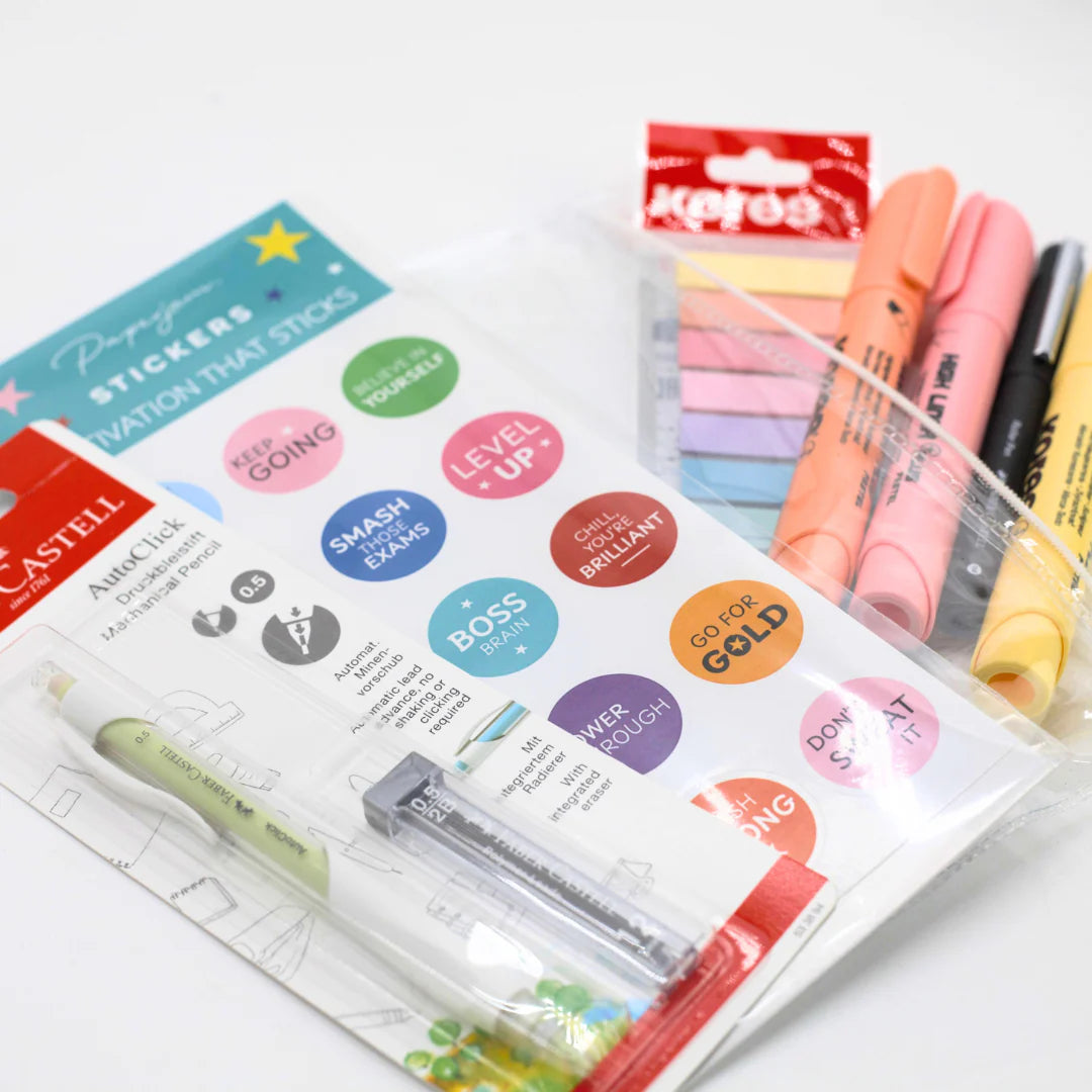 School Exam Stationery Kit Packaging of stationery items including stickers, markers, and a ruler on a white background