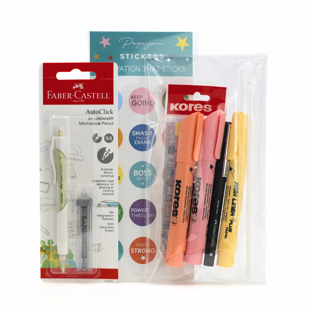 School Exam Stationery Kit Packaging of stationery items including a Faber-Castell mechanical pencil, Kores markers, and stickers on a white background.