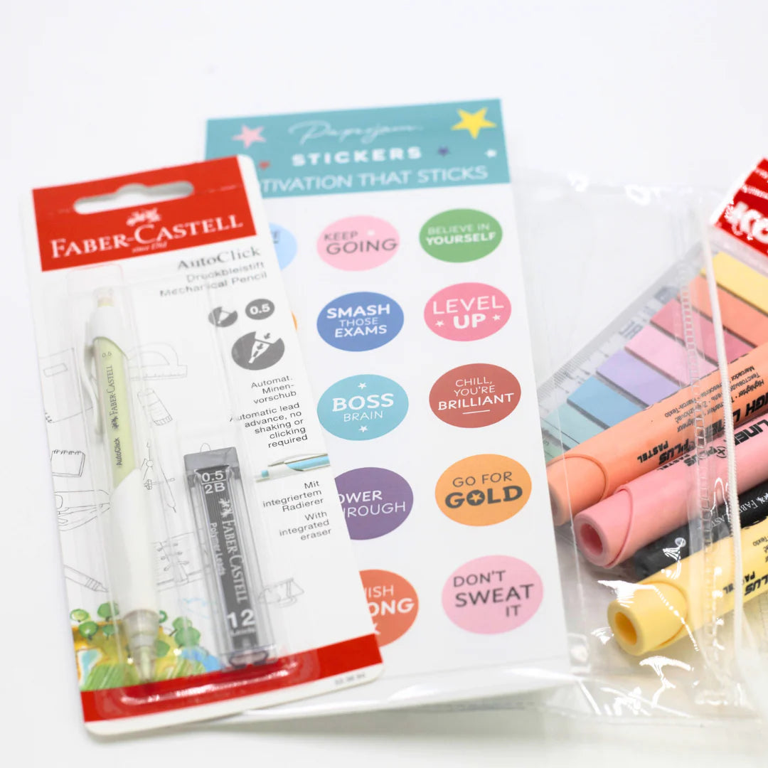 School Exam Stationery Kit with Faber-Castell product with stickers and highlighters on a white background