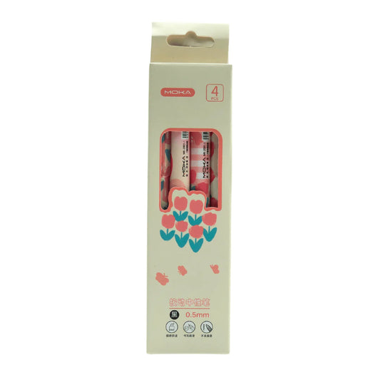 Rose Pink Tulips Pen Set Packaging of  4 ballpoint pens items with floral design on a white background