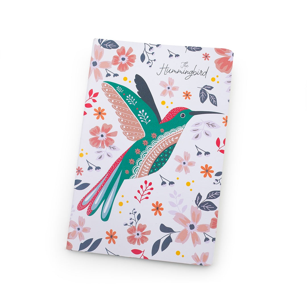 Front of Hummingbird Notebooks A5 with a colorful hummingbird design on a white background