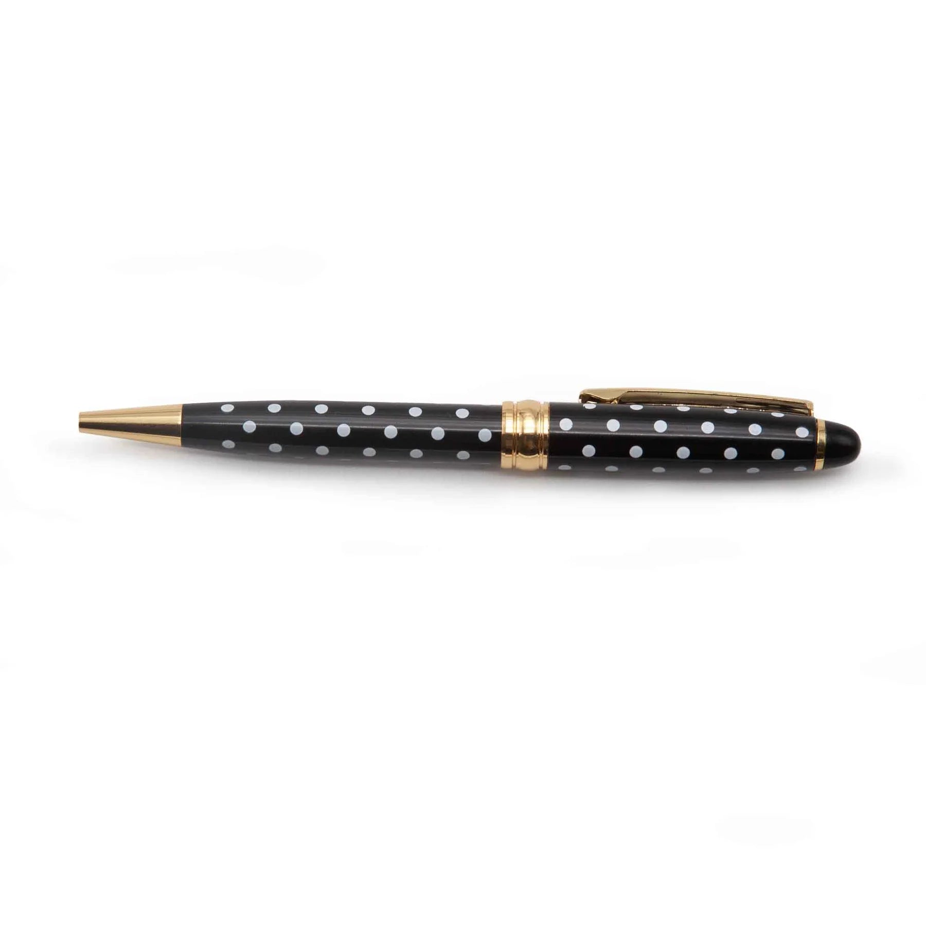 Dotted Pens in Black pen with white polka dots and gold accents on a white background