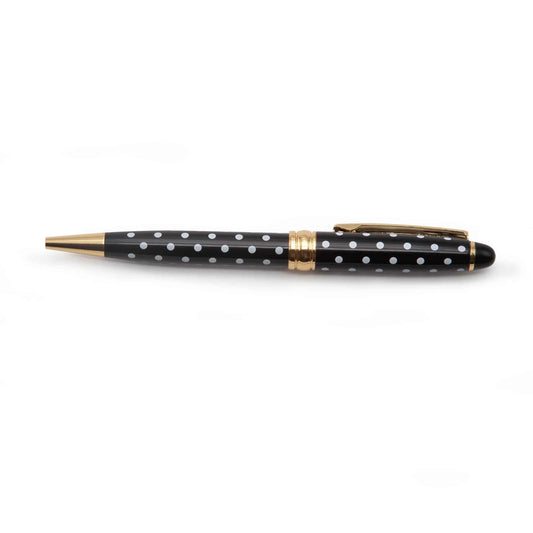Dotted Pens in Black pen with white polka dots and gold accents on a white background