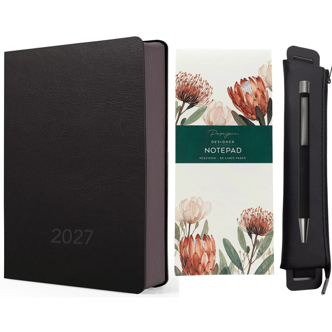 Flexi WOW Diary 2027 Leatherette Gift Bundle | A5 Planner, Pouch, Pen & Notepad Set