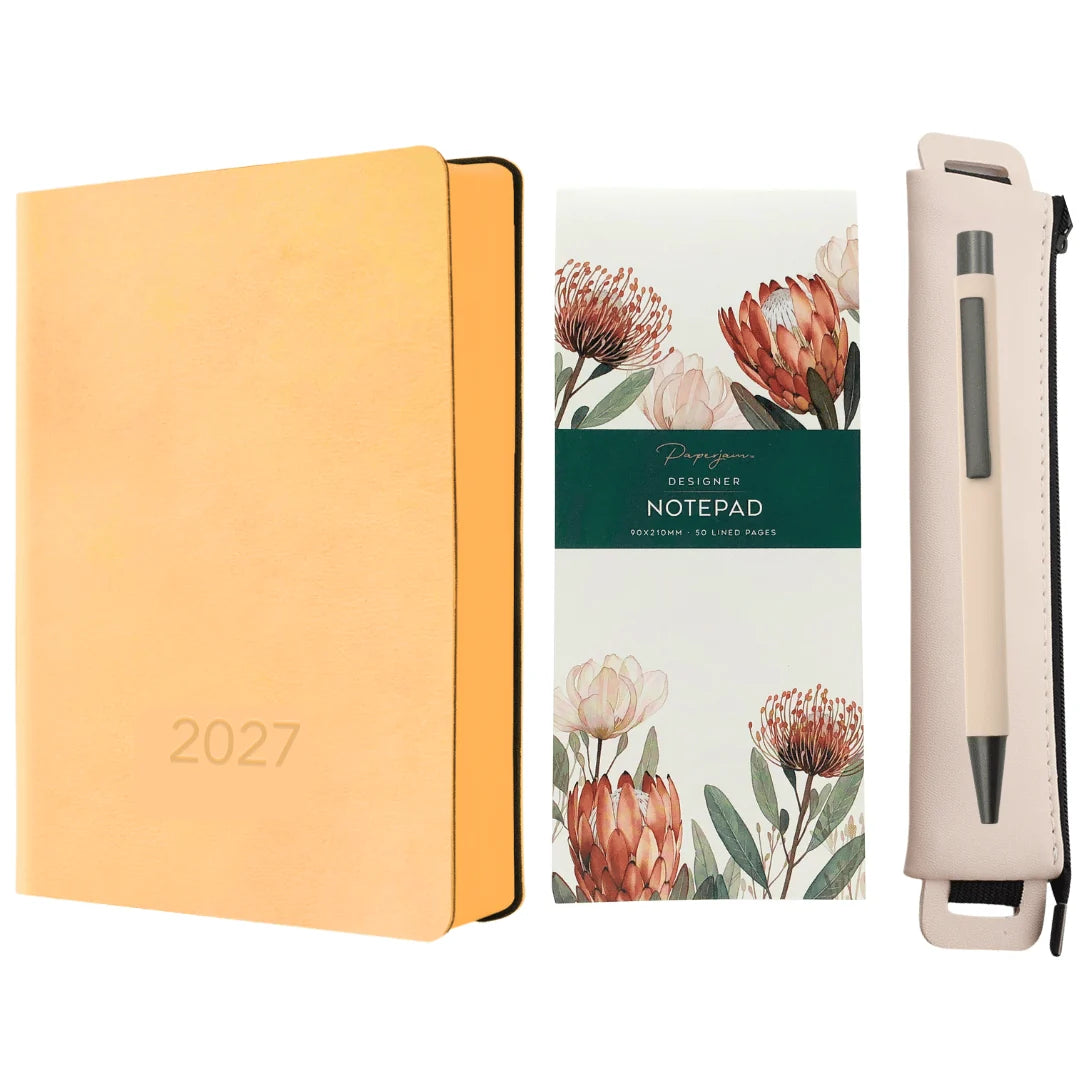 Flexi WOW Diary 2027 Leatherette Gift Bundle | A5 Planner, Pouch, Pen & Notepad Set