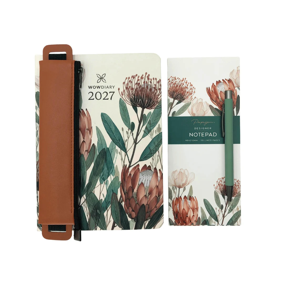 WOW Diary 2027 Designer Gift Bundle | A5 Planner, Pencil Pouch, Pen & Notepad Set