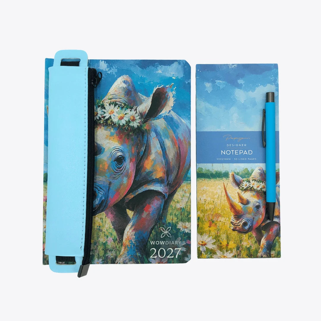 WOW Diary 2027 Designer Gift Bundle | A5 Planner, Pencil Pouch, Pen & Notepad Set