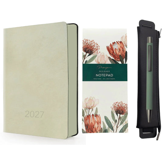 Flexi WOW Diary 2027 Leatherette Gift Bundle | A5 Planner, Pouch, Pen & Notepad Set