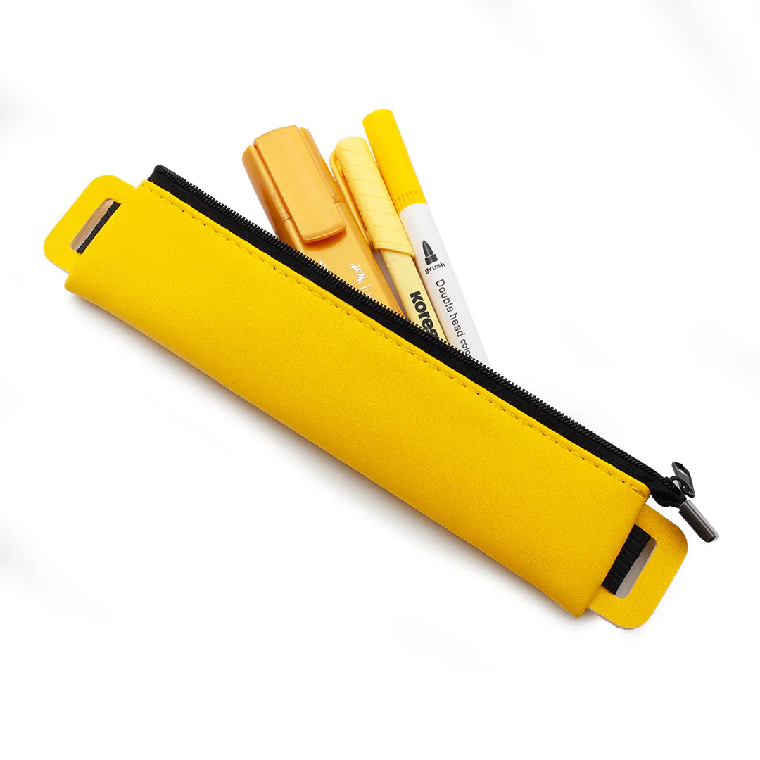 Diary/Journal Pencil Pouch case in yellow with black zipper containing pens and a marker on a white background